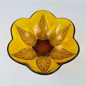 Anchor Hocking Amber Glass Bowl Beaded Leaf Pattern 7 3/8"